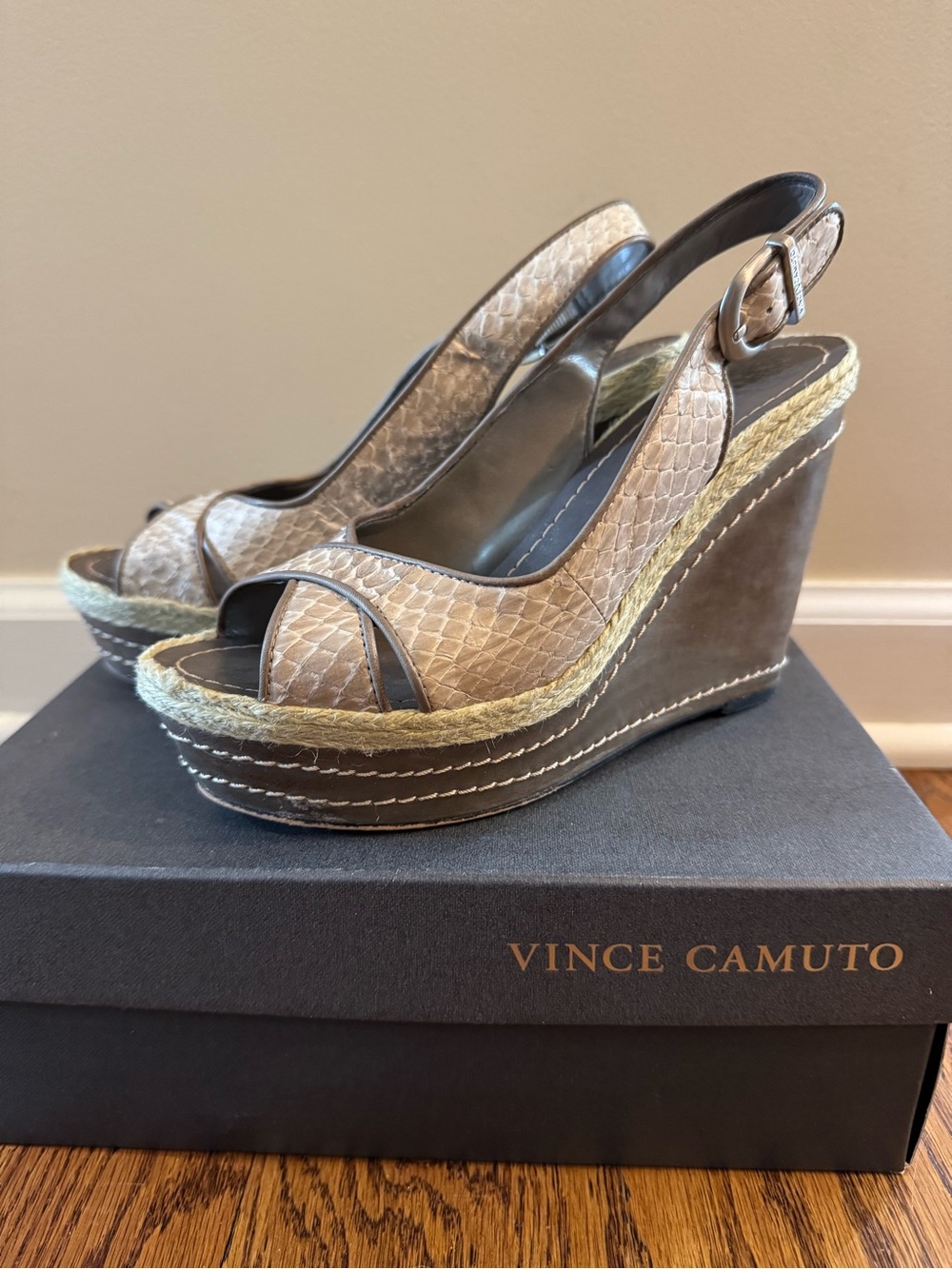 Vince Camuto Estera -  Winter White/Ash Snake-Embossed Espadrille Wedges